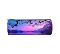 Astuccio in pelle con stampa rosa arcobaleno per matite, matite, cosmetici, trucchi, ufficio, per uomini e donne, Tramonto viola sull'acqua, Taglia unica