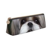 Astuccio in pelle per donne e uomini, astuccio con cerniera, astuccio portatile Shih Tzu per penne con cane, piccola borsa per il trucco, portamonete per lavoro e ufficio
