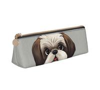 Astuccio in pelle per donne e uomini, astuccio con cerniera, astuccio portatile Shih Tzu per penne con cane, piccola borsa per il trucco, portamonete per lavoro e ufficio