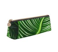 Astuccio in pelle verde con stampa di foglie tropicali portapenne triangolo astuccio portatile con cerniera per ufficio, bianco, Taglia unica