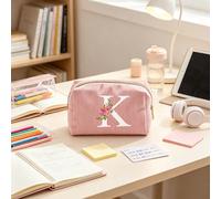 Astuccio in velluto a coste con lettere A-Z rosa, organizer per trucchi/astuccio pieghevole di grande capacità con cerniera liscia, borsa da toilette portatile, pochette di stoccaggio con design a let