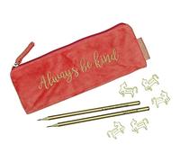Astuccio in velluto - Elegante astuccio in corallo con scritta motivazionale, 2 matite e 5 graffette dorate | ideale come regalo per l'università e la scuola | set no. 2