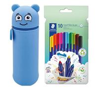 Astuccio MARKY con Design Emoji in Blu, Silicone Morbido e Resistente, incl. 10 pennarelli STAEDTLER triplus 323, triangolari, Punta a Prova di Impronta, Circa 1 mm, Materiale Riciclato al 97%.