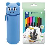 Astuccio MARKY con Design Emoji in Blu, Silicone Morbido e Resistente, incl. 10 STAEDTLER triplus fineliner 334, Punta Triangolare, Superfine, Circa 0,3 mm, in Materiale Riciclato al 97%.
