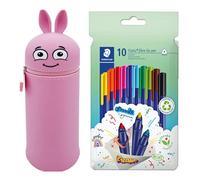 Astuccio MARKY con Design Emoji in Rosa, Silicone Morbido e Resistente, incl. 10 pennarelli STAEDTLER triplus Color 323, Punta Triangolare a Prova di Impronta, Circa 1 mm, Materiale Riciclato al 97%.