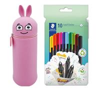 Astuccio MARKY con Design Emoji in Rosa, Silicone Morbido e Resistente, incl. 10 STAEDTLER triplus fineliner 334, Punta Triangolare, Superfine, Circa 0,3 mm, in Materiale Riciclato al 97%.