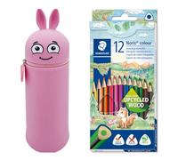 Astuccio MARKY con Design Emoji in Rosa, Silicone Morbido e Resistente, incl. 12 matite Colorate STAEDTLER Noris Color 187, Formato Triangolare ergonomico, in Legno Riciclato