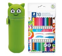 Astuccio MARKY con Design Emoji in Verde, Silicone Morbido e Resistente, incl. 10 Penne STAEDTLER Twin Colour a Doppia Punta in Fibra, Due Punte con Due Colori, Larghezza del Tratto 3 mm e 1 mm