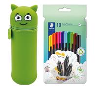 Astuccio MARKY con Design Emoji in Verde, Silicone Morbido e Resistente, incl. 10 STAEDTLER triplus fineliner 334, Punta Triangolare, Superfine, Circa 0,3 mm, in Materiale Riciclato al 97%.