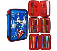 Clondo Astuccio 3 Scomparti Completo, Per Sonic Fan, 44 Pezzi Inclusi, Penne, Matite, Pennarelli, Pastelli, Forbici - Scuola Elementare e Regalo - Gadget Ufficiale Per Bambino