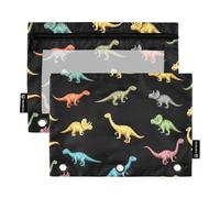 Astuccio nero con dinosauri colorati per raccoglitore, con cerniera, astuccio per cosmetici, per ufficio, scuola, università, confezione da 2