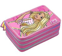 VARZI Barbie Astuccio Scuola 3 Scomparti Rosa - Con Zip e Design Glitterato - Organizer Completo per Bambina