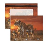 Astuccio per 3 raccoglitori ad anelli, astuccio trasparente con finestra superiore, grande capacità, per ufficio e scuola, confezione da 2 pezzi, motivo: tigre al tramonto