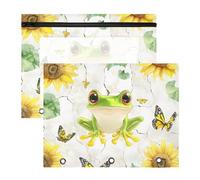 Astuccio per 3 raccoglitori ad anelli, astuccio trasparente con finestra superiore, grande capacità, per ufficio e scuola, confezione da 2 pezzi, rana e girasoli