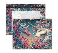 Astuccio per 3 raccoglitori ad anelli, astuccio trasparente con finestra superiore, grande capacità, per ufficio e scuola, confezione da 2 pezzi, motivo: unicorno drago