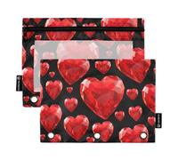 Astuccio per 3 raccoglitori ad anelli con pietre preziose rosse e cuori neri, astuccio per matite con cerniera, motivo scolastico, tasche trasparenti, 24,9 x 18 cm, 2 confezioni