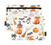 Astuccio per 3 raccoglitori ad anelli Halloween con simpatiche volpi fantasmi cerniera raccoglitore matite borse carino stampa scuola raccoglitori tasche trasparenti floreali 24,9 x 18 cm, 2