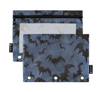 Astuccio per 3 raccoglitori ad anelli, motivo pipistrelli di Halloween, con cerniera, portapenne con finestra trasparente, per scuola, ufficio, confezione da 2, Multi