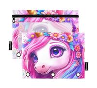 Astuccio per bambini a 3 anelli, raccoglitore con cerniera, astuccio per penne, penne, raccoglitori scolastici, tasche trasparenti, grazioso unicorno rosa scintillante, 24,9 x 18 cm, 2 confezioni