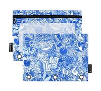 Astuccio per bambini con finestra trasparente blu e bianco cartone animato graffiti cerniera astuccio con cerniera occhielli rinforzati raccoglitore 3 anelli per aula scuola ufficio forniture