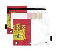 Astuccio per bambini per 3 raccoglitori ad anelli, penne e matite, con cerniera rosa, tasche trasparenti, bandiera della Castiglia La Mancia, 24,9 x 18 cm, confezione da 2