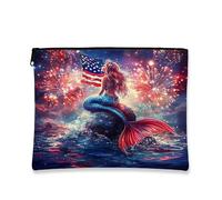 Astuccio per il trucco patriottico da viaggio da donna piccolo sacchetto portatile in tela con cerniera borsa da toilette per la cura della pelle del 4 luglio, blu, 7x9 Inch, Sirena