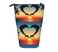 Astuccio per matite a forma di cuore con due delfini che saltano, astuccio per matite, astuccio telescopico con supporto per matite