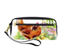 Astuccio per matite, acquerello, gallina e pulcini in cortile, astuccio in pelle PU con cerniera, per ragazzi e ragazze, forniture per la scuola e l'ufficio