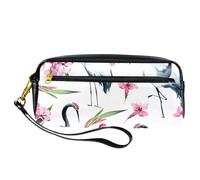 Astuccio per matite, acquerello, grigio, cicogne, fiori rosa, astuccio portapenne in pelle PU con cerniera, per ragazzi e ragazze, forniture per la scuola e l'ufficio