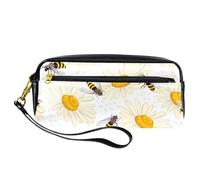 Astuccio per matite, api che volano su margherite, astuccio in pelle PU con cerniera, per ragazzi e ragazze, articoli per la scuola e l'ufficio