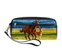 Astuccio per matite, astuccio marrone con cavalla e puledro in pelle PU astuccio per cancelleria con cerniera per ragazzi ragazze scuola e ufficio forniture
