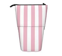 Astuccio per matite bianco rosa con linee parallele a strisce, astuccio per matite con supporto, astuccio per matite telescopico con supporto per matite