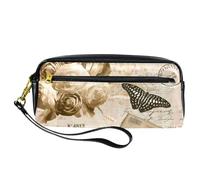 Astuccio per matite, biglietti vintage con farfalla e rosa, astuccio in pelle PU per cancelleria con cerniera, per ragazzi e ragazze, articoli per la scuola e l'ufficio