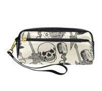 Astuccio per matite, chitarra rock e teschio con fiori, astuccio in pelle PU con cerniera, per ragazzi e ragazze, articoli per la scuola e l'ufficio