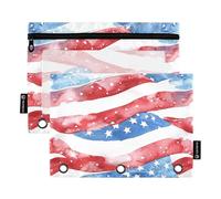 Astuccio per matite con 3 anelli a strisce rosse e blu, motivo con stelle del 4 luglio, con cerniera, confezione da 2 custodie trasparenti per il trucco