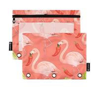 Astuccio per matite con 3 occhielli rinforzati, tasca a 3 fori per raccoglitore a 3 anelli, confezione da 2 articoli per studenti in classe, fenicottero e peperoncino