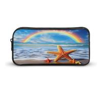 Astuccio per matite con arcobaleno sopra il mare, nuvole e stelle marine, grazioso astuccio per penne e cosmetici, organizer per viaggi e ufficio