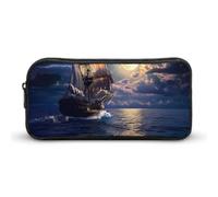 Astuccio per matite con barca e paesaggio marino e luna nel cielo, grande capacità, astuccio per penne e articoli di cancelleria, organizer per trucchi