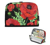 Astuccio per matite con cerniera e fiori rossi con foglie verdi e foglie verdi, astuccio per matite grandi, per ragazzi e ragazze, studenti, università, scuola superiore, forniture per ufficio