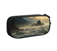 Astuccio per matite con cerniera e scritta "Mountains Meet The Sea", astuccio portatile, grande borsa per cancelleria scolastica, trousse per trucchi, Nero , Taglia unica, Beauty Case