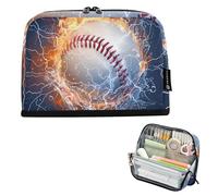 Astuccio per matite con cerniera, grandi fiamme da baseball, acqua, blu navy, borsa per matite carina, borsa per pennarelli per ragazze, personalizzata, materiale scolastico preppy universitario