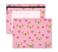Astuccio per matite con cerniera, perforatore a 3 fori, per lettere di carta A4, confezione da 2 pezzi, per studenti universitari, Happy Heart Cute Dog, rosa