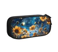 Astuccio per matite con cielo stellato e girasole per ragazzi e ragazze, grande, per cancelleria, per scuola, ufficio, borsa per il trucco con cerniera, Nero , 21x5x10.5cm, Astuccio per trucchi