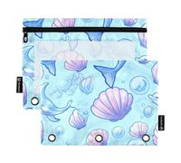 Astuccio per matite con delfini blu pastello e conchiglie per raccoglitori a 3 anelli, con cerniera, per bambini, trasparenti, per la scuola, 24,9 x 18 cm, confezione da 2