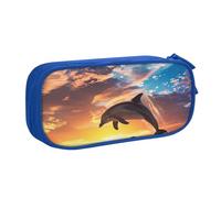 Astuccio per matite con delfino che salta al tramonto, per ragazzi e ragazze, grande astuccio per penne da scrivania, cancelleria, astuccio per scuola, ufficio, borsa per il trucco con cerniera, rosa