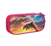 Astuccio per matite con delfino che salta al tramonto, per ragazzi e ragazze, grande astuccio per penne da scrivania, cancelleria, astuccio per scuola, ufficio, borsa per il trucco con cerniera, Blu