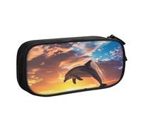 Astuccio per matite con delfino che salta al tramonto, per ragazzi e ragazze, grande astuccio per penne da scrivania, cancelleria, astuccio per scuola, ufficio, borsa per il trucco con cerniera, Nero
