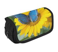 Astuccio per matite con farfalla blu girasole grande capacità carino portapenne con 3 scomparti cancelleria per ufficio grandi borse per matite con cerniera in tessuto per adulti borsa portatile per