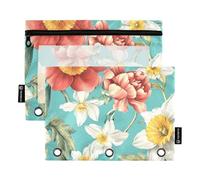 Astuccio per matite con finestra trasparente, fiori, narcisi, peonia, narciso, turchese, morbido astuccio in colori assortiti, 3 anelli, per riporre studenti scolastici, forniture per insegnanti