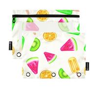 Astuccio per matite con ghiaccioli alla frutta ad acquerello, con 3 anelli, con cerniera, per la scuola dei bambini, con tasche trasparenti, 24,9 x 18 cm, 2 confezioni